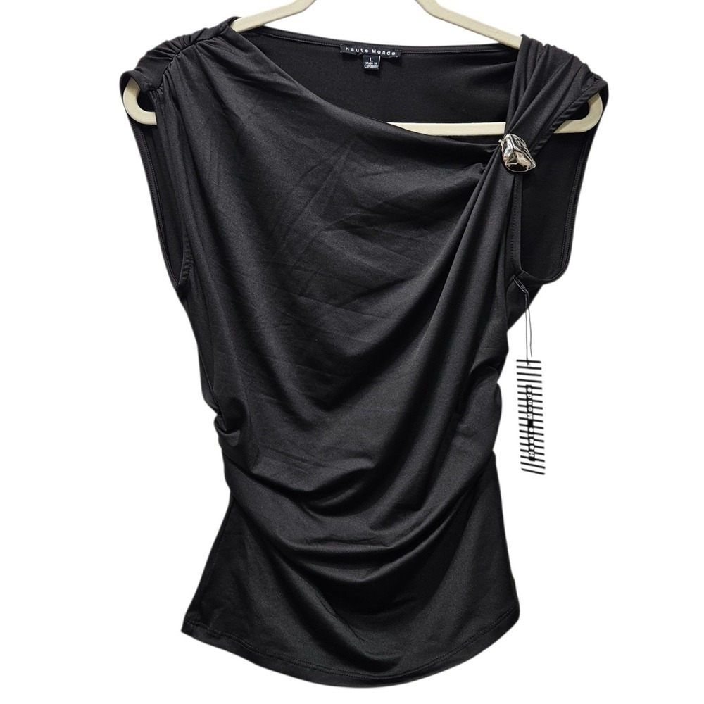 Haute Monde Draped Blouse Women Large Black Ruched Silver Hardware Contemporary